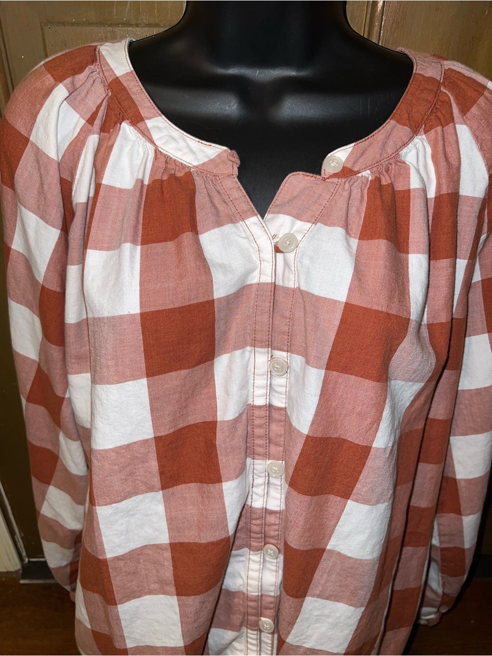 Duluth Peasant Blouse Rust & White Gingham Button Front Long Sleeve Top Size S - Picture 4 of 9